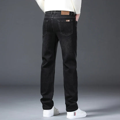 Classic Straight Men's Jeans Spring Slightly Thick Elastic Casual Office Business Trousers Fashion Comfort Washed Denim Pants