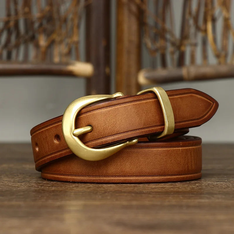 2.4 CM Pure Cowhide Genuine Leather Ladies High Quality Jeans Brass Buckle Belts Cowboy Fashion Designer Belts for Women luxury