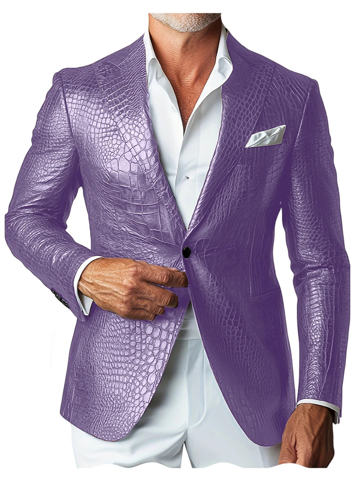 Luxury Men's Crocodile Embossed Leather Blazer Notch Lapel Suit Fit 1 Button Jacket Shiny Croc Print Formal Business Party Coat