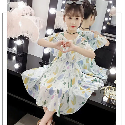 Summer Thin Girl Dress Floral Chiffon Princess Children's Dress Vestidos Summer Girls Casual Dresses Robe Fille Kids Clothes