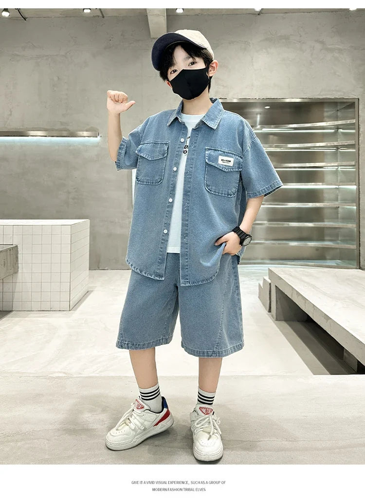 New Casual Kids Child Summer Denim Suit for Teenage Boy High Fashion Short Sleeve Shirt + Shorts 2 Pieces Clothing Set Age 5-14Y