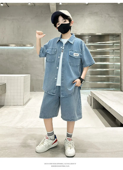 New Casual Kids Child Summer Denim Suit for Teenage Boy High Fashion Short Sleeve Shirt + Shorts 2 Pieces Clothing Set Age 5-14Y