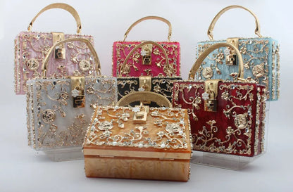Luxury Designer Shimmer Acrylic Box Glitter Rhinestones Diamond Evening Bag Wedding Party Clutch Purse Shoulder Messenger Bag