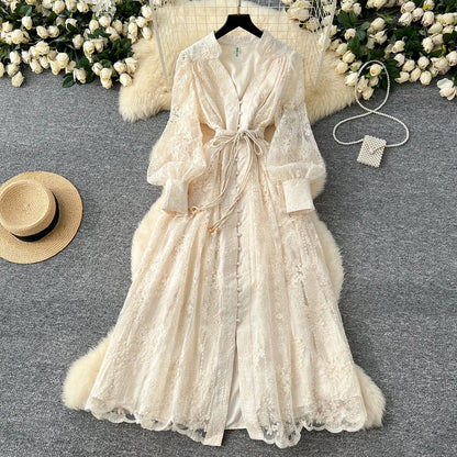 High-End Women's Dress Heavy Embroidery A-Line Long Skirt V-Neck Lantern Sleeve Single Button High Waist Korean Style Commute