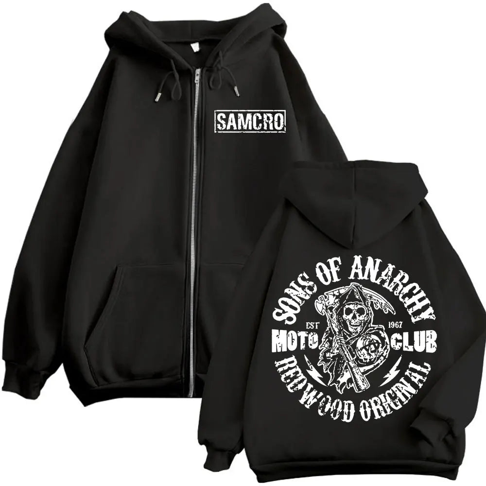 Sons of Anarchy Double Sided Print Zipper Hoodie Men's Women Gothic Vintage Zip Up Sweatshirt Casual Fashion Oversized Pullovers