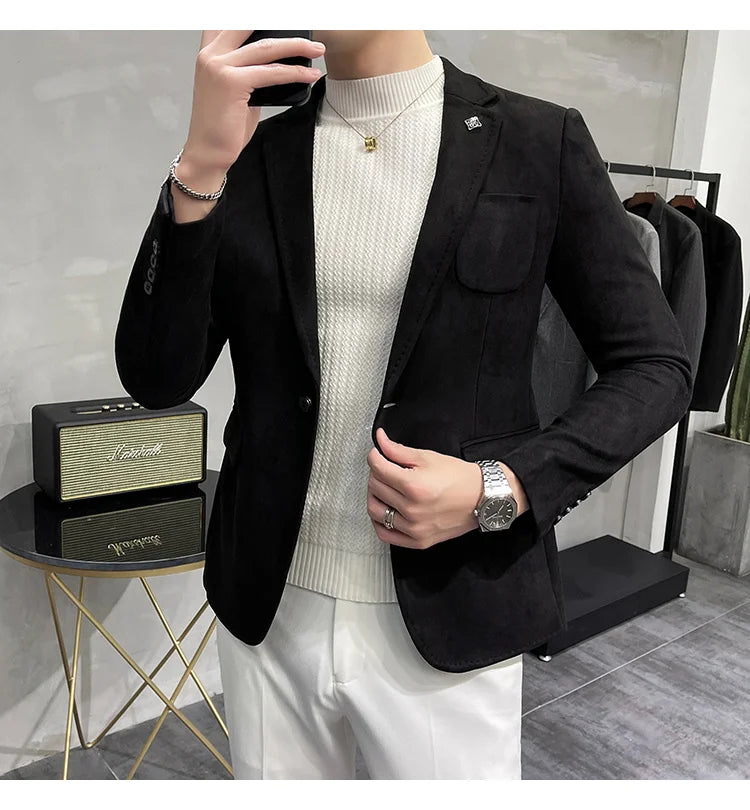 Deerskin Leather Jacket Blazer Men Casual Slim Fit Blazer Hombre Suit Leather Jacket Men Terno Masculino Men Clothing 6 Color