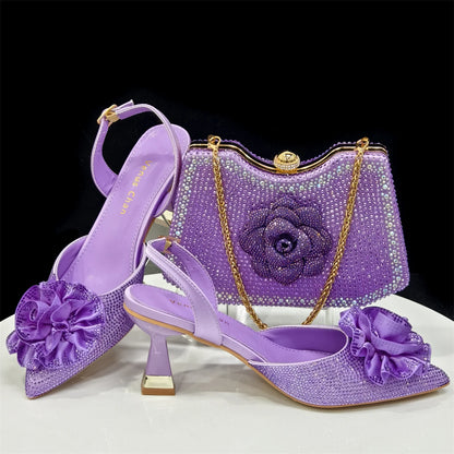 2025 Elegant Shiny Green Handbag & Medium Heel Shoe Set with Exquisite Handmade Floral Accents for Weddings & Parties
