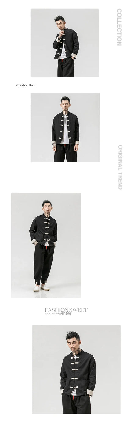 Kung Fu Coat Man Chinese Traditional Retro Autmn Long Sleeve Tang Suit Mandarin Collar Buckle Jacket Men Oriental Cotton Shirt