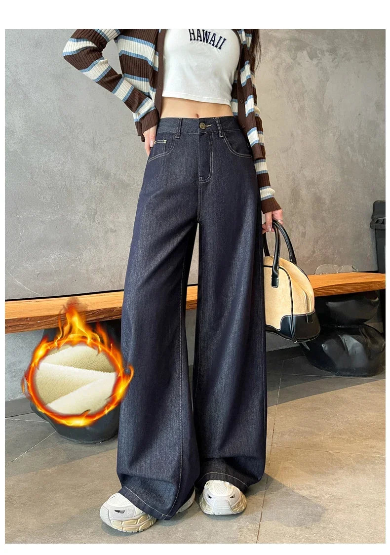 Wide Legs Fleece Jeans Women Winter Loose Velvet Casual Pants Comfortable Warm Straight Fashion Pocket Plush Denim Trousers