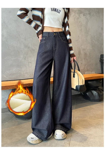 Wide Legs Fleece Jeans Women Winter Loose Velvet Casual Pants Comfortable Warm Straight Fashion Pocket Plush Denim Trousers