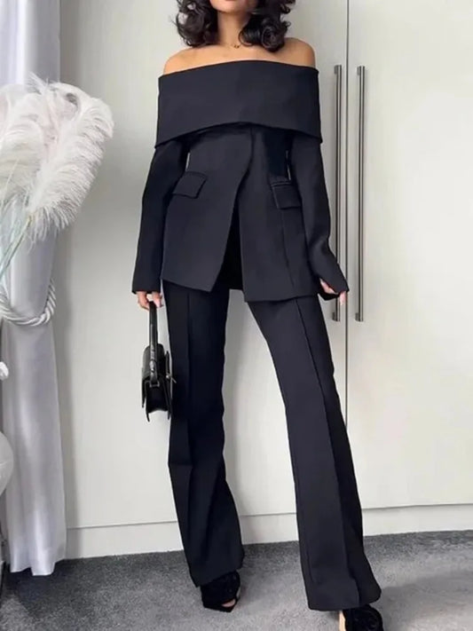 Yeezzi 2025 New Office Lady Commute Off-The-Shoulder Blazer Women Long Sleeves Solid Color Split-Front Zipper Formal Outerwears