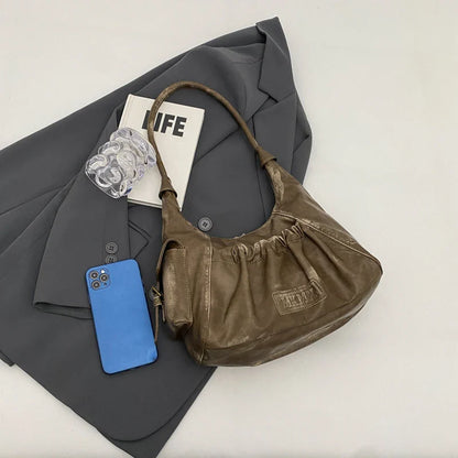 Retro Leather Shoulder Bags for Women 2025 Spring Vintage Underarm Bag Handbags and Purses Latest Fashion Hand Bag