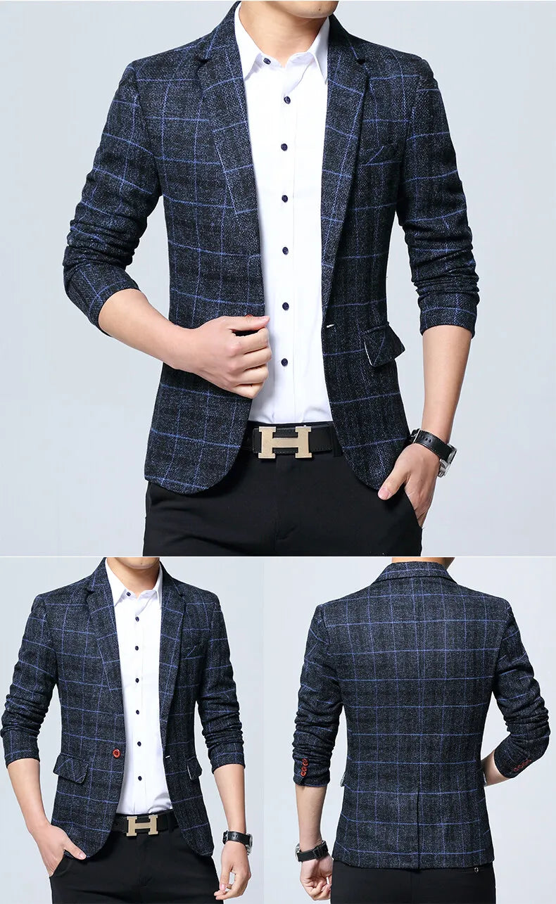 Men's Korean Style Spring Autumn Casual Small Suit Checkered Jacket Fitted Large Size Single Western Wear
