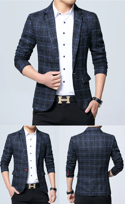 Men's Korean Style Spring Autumn Casual Small Suit Checkered Jacket Fitted Large Size Single Western Wear