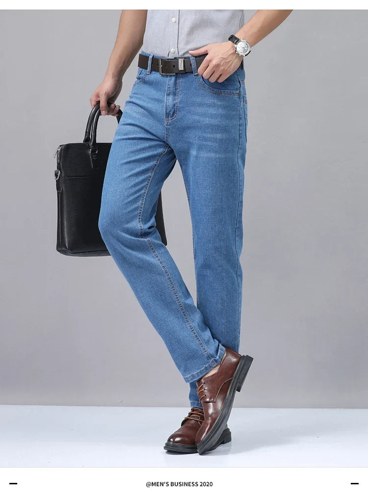2025 New Light Blue Men's Comfort Soft Jeans Fashion Straight Business Pants Cotton Soft Casual Stretch Denim Trousers 28-40