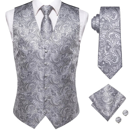 Brand New Mens Suit Dress Vests Necktie Hankerchief Cufflinks Set Silk Slim Fit Male Waistcoat Jacquard Waist Jacket Gilet Homme