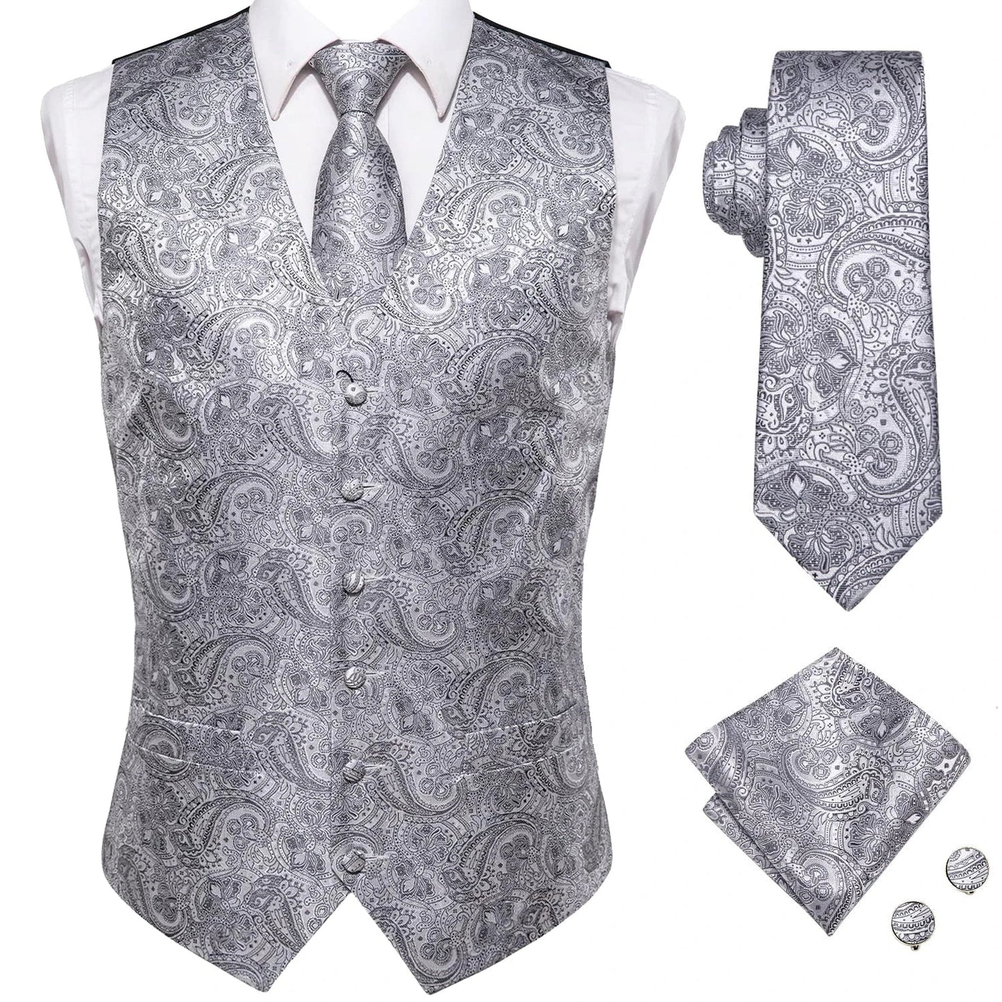 Luxury Mens Waistcoat Tie Set White Black Gray Silver Brown Sleeveless Jacket Suit Vest Necktie Hanky Cufflinks Gift