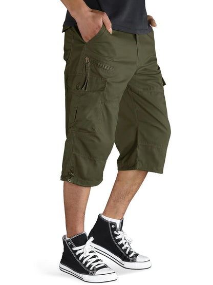Below Knee Length 3/4 Long Shorts Men's Outdoor Capri Pants Multi Pocket Summer Twill Work Cargo Pants Man
