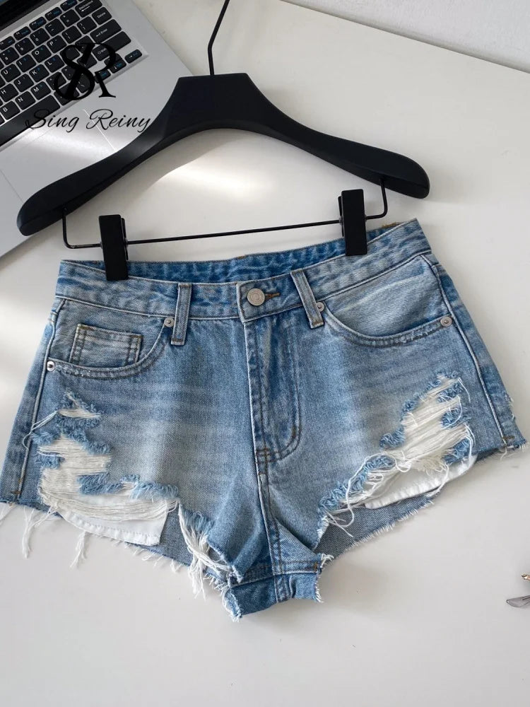 American Retro Camouflage Mini Shorts 2026 Ladies Hollow Out Slim Beach Pants Hot Girl Sexy Print Denim Shorts