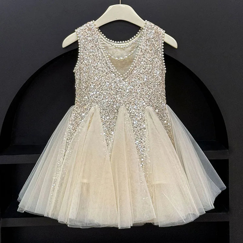 Mesh Sequins Summer Dress Children Clothes Girls Gauze Skirt For Party Evening Birthday Prom Performance Graduation Ceremony