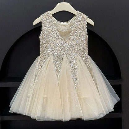 Mesh Sequins Summer Dress Children Clothes Girls Gauze Skirt For Party Evening Birthday Prom Performance Graduation Ceremony