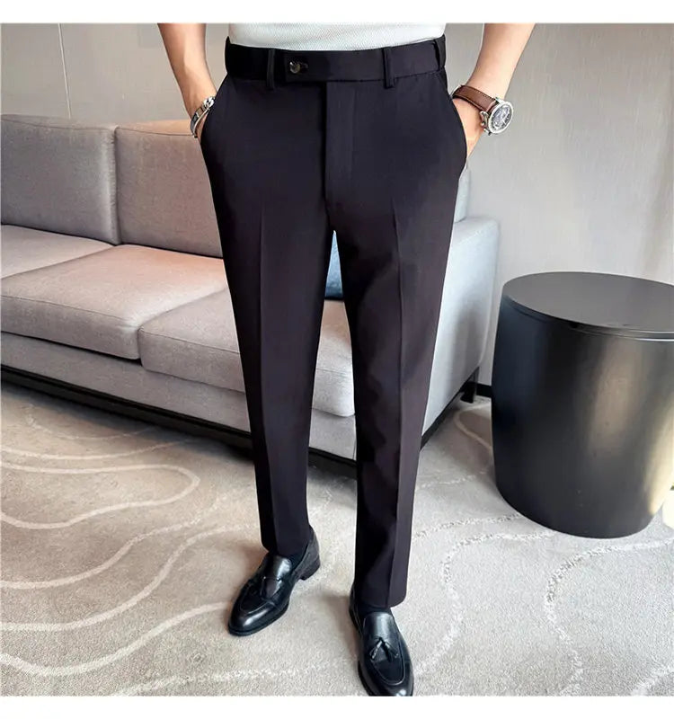 Autumn Winter Thicken Elastic Waist Casual Suit Pants High Quality Men Woven Dark Striped Slim Fit Office Social Dress Trousers