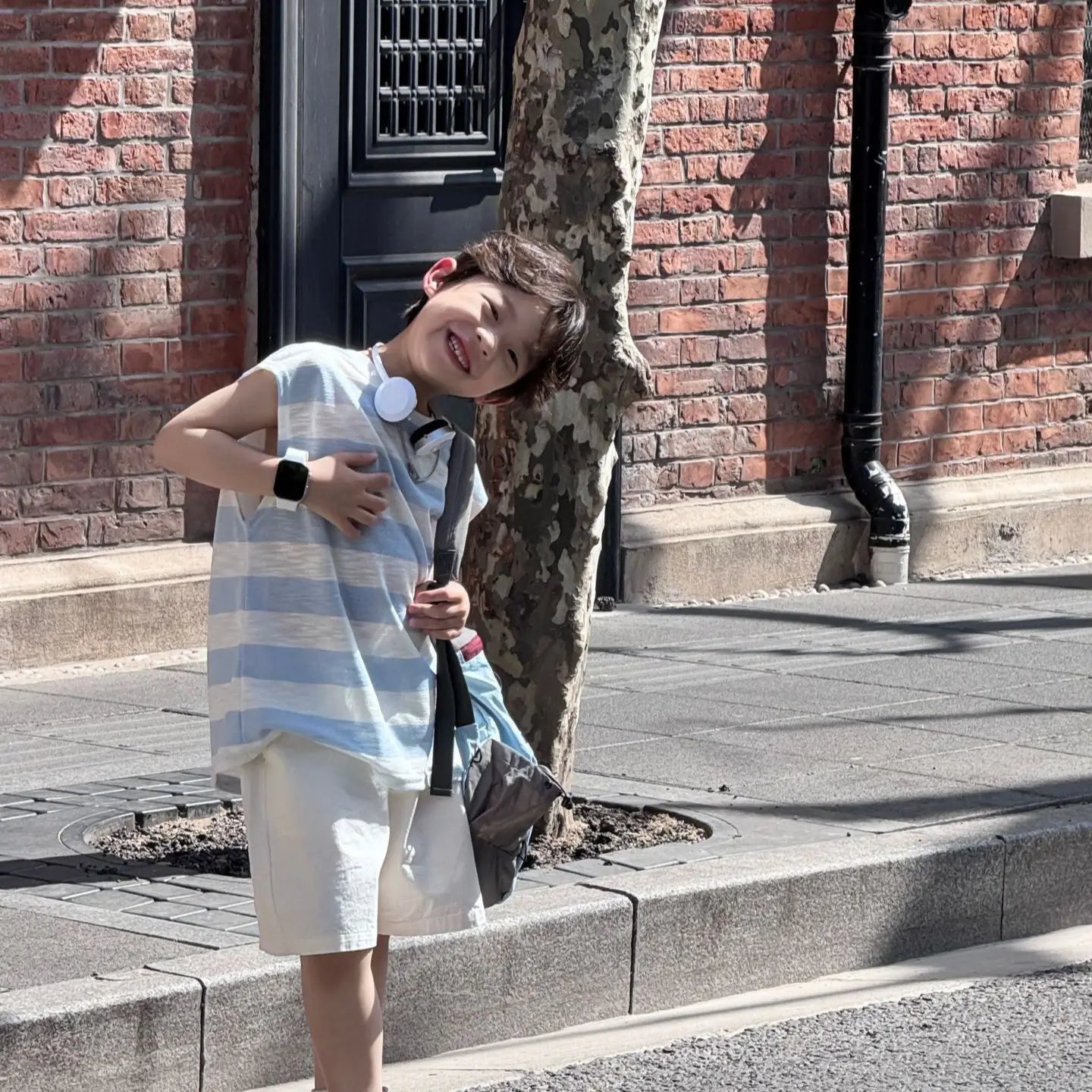 Breathable Lightweight Blue Striped Sleeveless Pure Cotton Shorts Kids Boy Clothes Set Cartoon Children's Fashion Korean Boys'