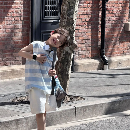 Breathable Lightweight Blue Striped Sleeveless Pure Cotton Shorts Kids Boy Clothes Set Cartoon Children's Fashion Korean Boys'