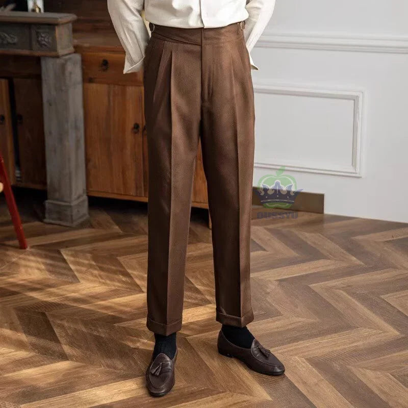 Classics Italian Naples Style White Men's Suit Pants Men High Waisted Straight Fit Work Formal British Business Brand Trousers