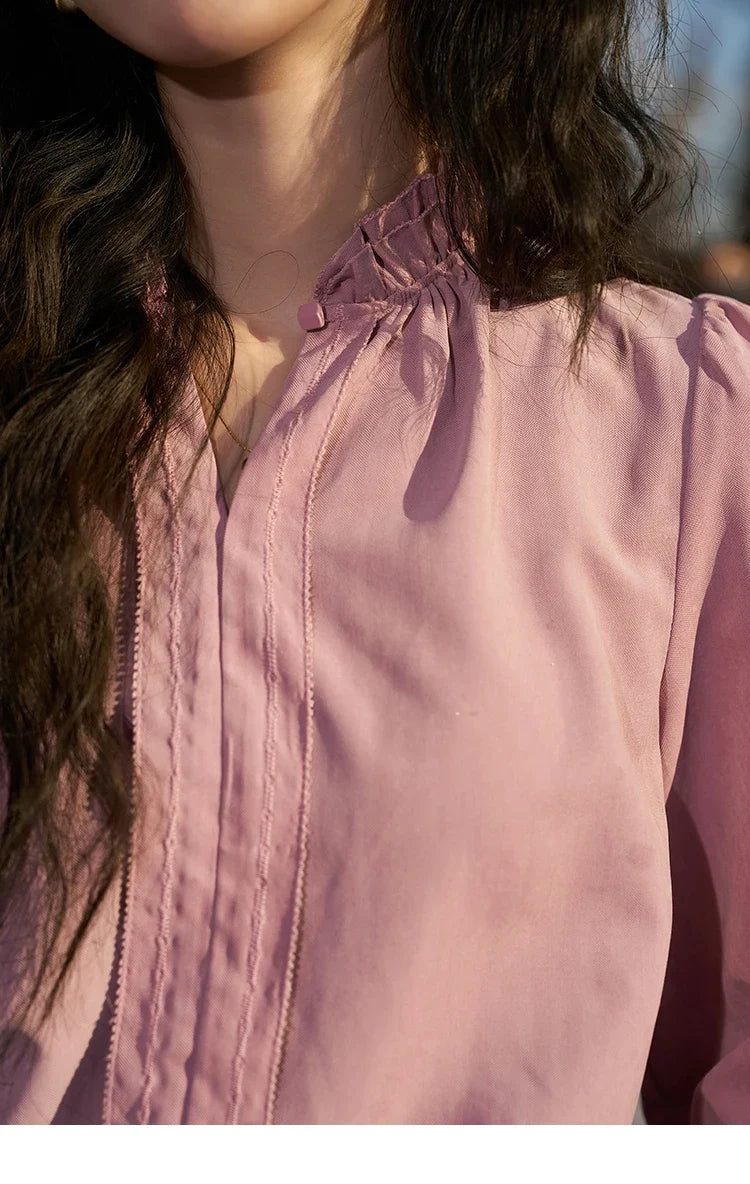 French Autumn Winter Button Up Lantern Long Sleeve Shirts Women Ruffle Neck Thick Warm Blouse Flannel Shirt MXC56X1320