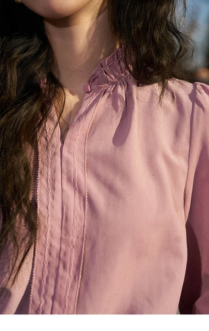 French Autumn Winter Button Up Lantern Long Sleeve Shirts Women Ruffle Neck Thick Warm Blouse Flannel Shirt MXC56X1320
