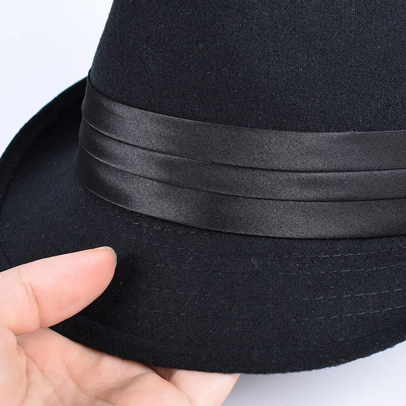 Classic Fedora Men's Hats Women 2026 Casual Short Sleeve Trilby Top Hat England Gentleman Ribbon Jazz Cap Fedoras Black Felt Hat