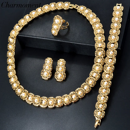 Dubai Luxury Quality Jewelry Set For Women Trend Pearl Necklace Bracelet Ring Earrings Jewelry Set 18k Gold Plated Jewelry