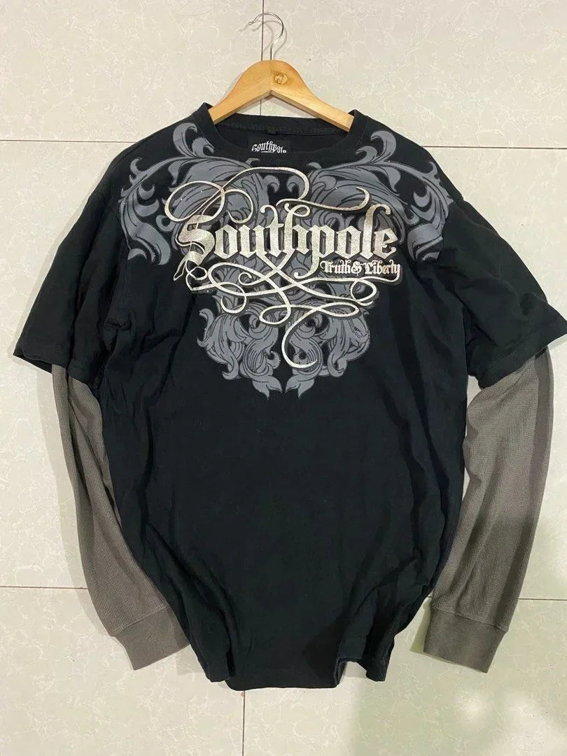 90s Sun Proof American New Trend Fake Two Piece Long Sleeved T shirts Women Harajuku Hip-Hop Gothic Casual Tops Street Wear