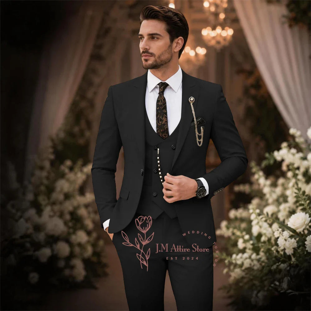 Sage Green Suit Men's 3 Piece Set Peak Lapel Jacket Vest Pants Custom Slim Fit for Wedding Groom Cocktail Party Tuxedo