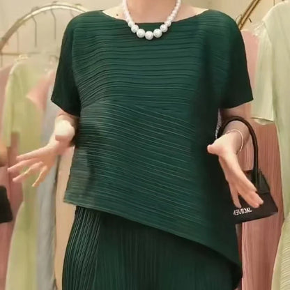 Miyake Irregular Short Sleeve Pleated Top Simple Loose Plus Size with Stretch T-Shirt Vacation Office Clothing Polyester Crepe