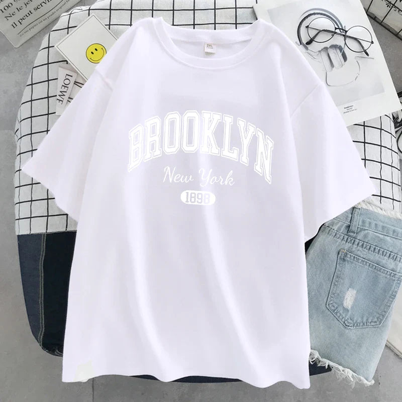 Brooklyn New York 1898 City Letter Print Female T-Shirt Street Breathable Tops Oversized Clothes Comfortable O-Neck Short Sleeve