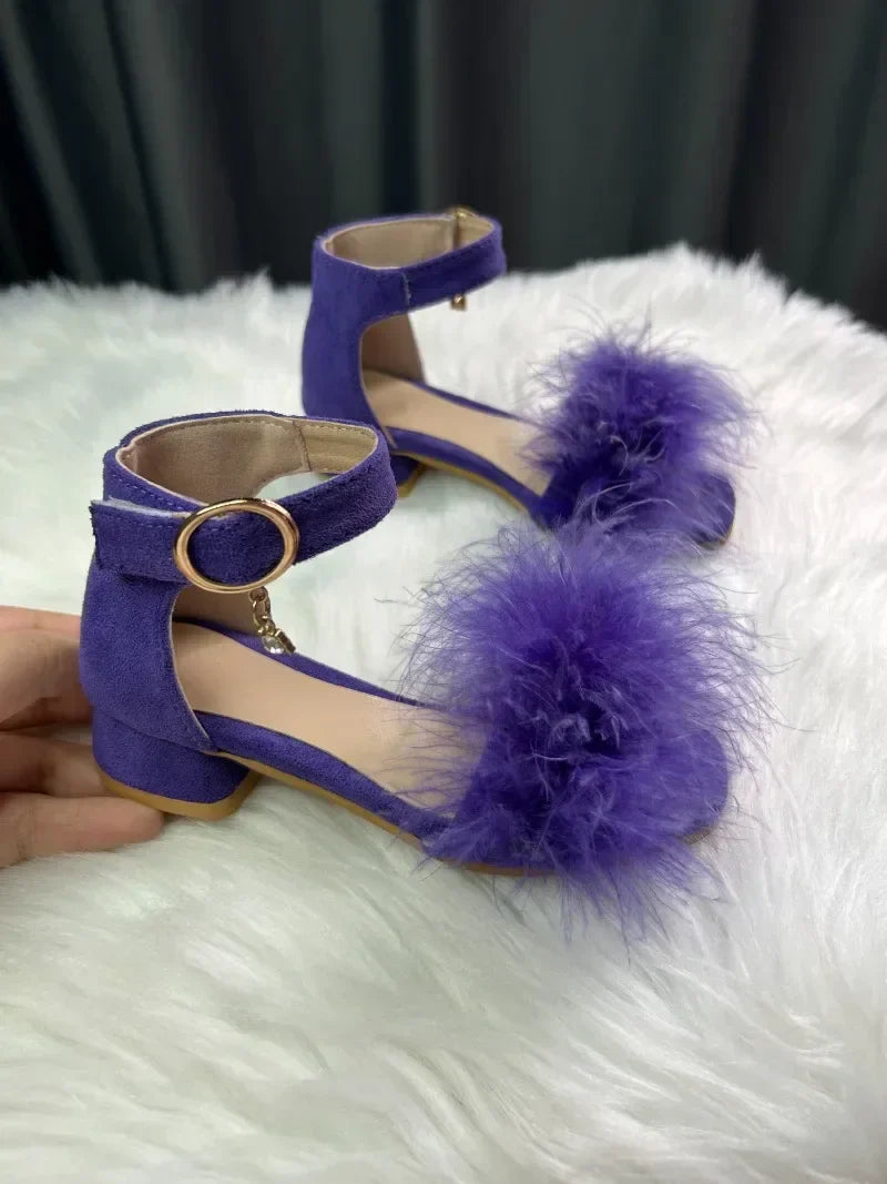 New Girls Low-heels Sandals Summer Fluffy Kids Princess Catwalk Shoes Open-toe Versatile Children Fashion Wedding Party Sandals