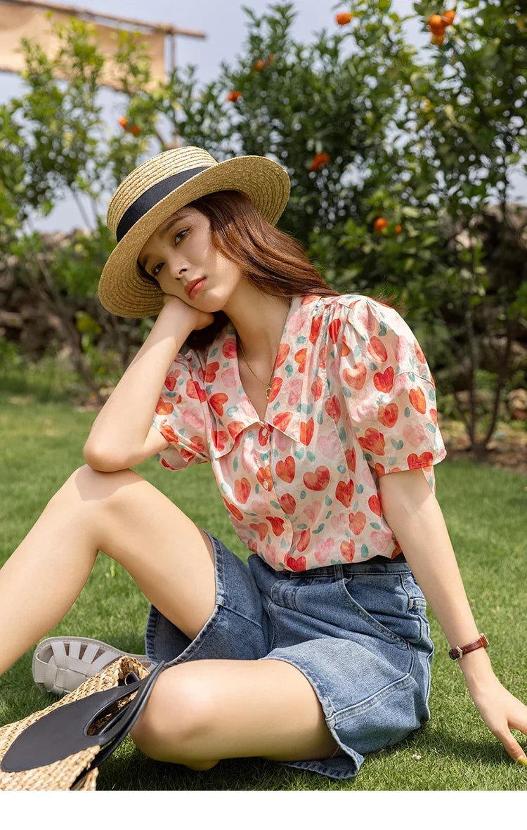 Korean Chic Fashion Women Stylish Blouses Summer French Sweet Retro Floral Polo-neck Puff Sleeves Tops MXB27C0450