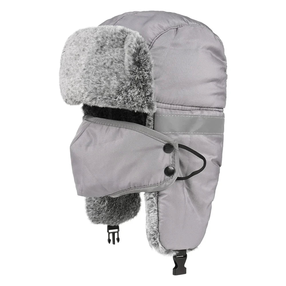Men's Outdoor Fleece-Lined Thick Warm Reflective Strip Lei Feng Hat with Removable Mask Ear Flap Bomber Hat Winter Pilot Cap