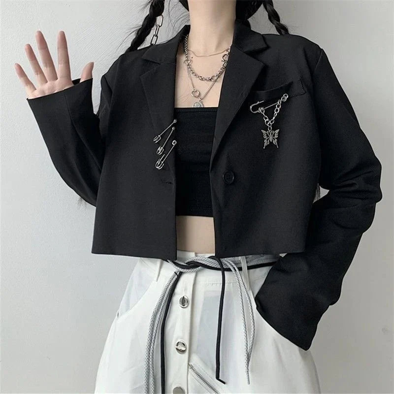 Autumn Women's Black Cropped Blazers Y2K Chic Metal Chain Design Suit Jacket Korean Hipsters Streetwear Loose Short Coat Woman
