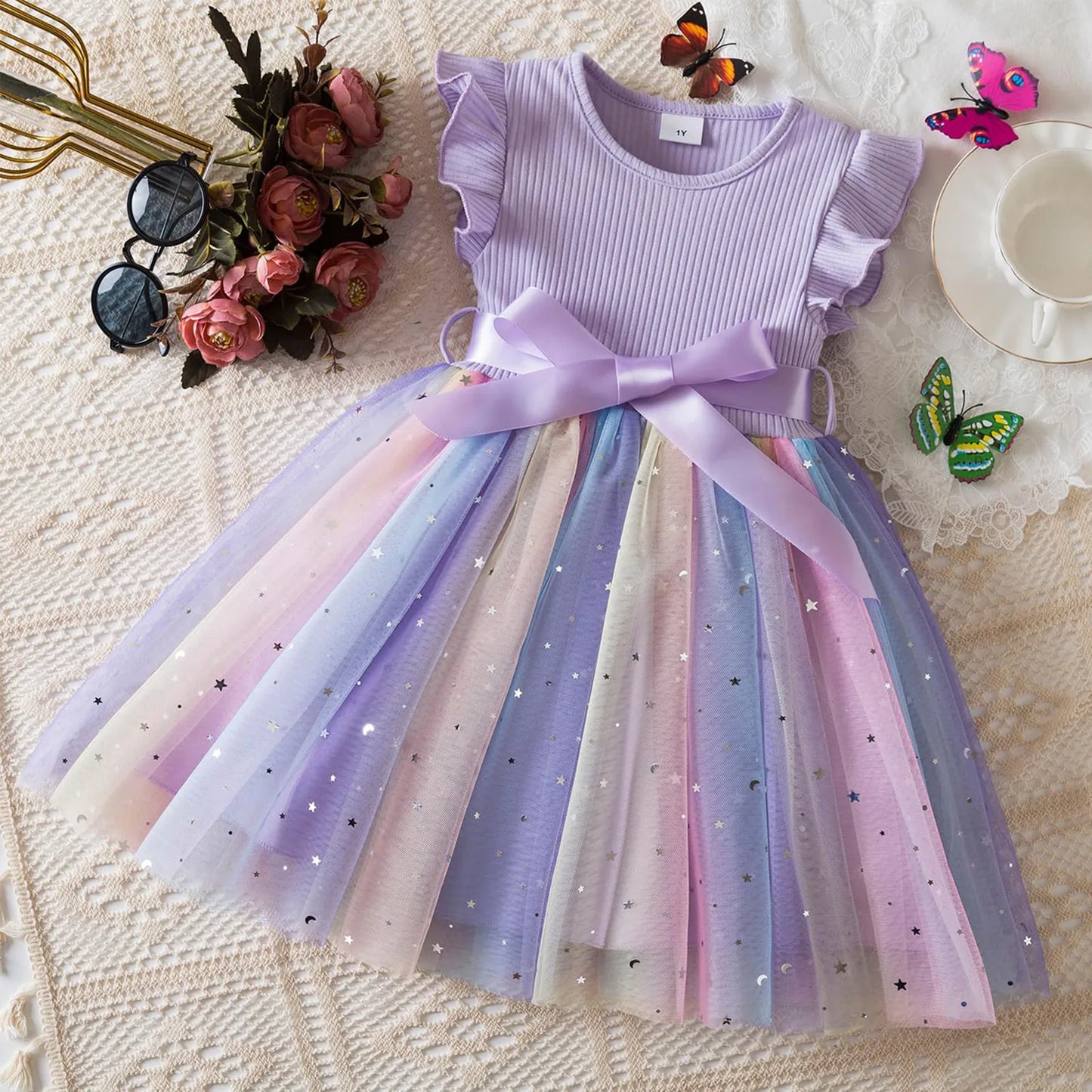 New Girls Dress for Sequins Birthday 1-5Y Toddler Girls Rainbow Tulle Dress Sweet Kids Princess Dress for Girls 2025 Summer Wear