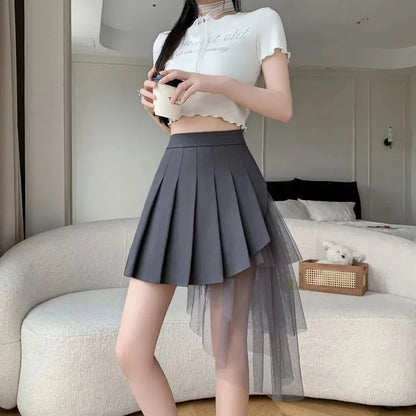 Mesh Patchwork Pleated Skirts Women High Waist Fashion Slim Sexy Mini Skirt Korean Sweet Preppy Style Spring Summer A Line Skirt
