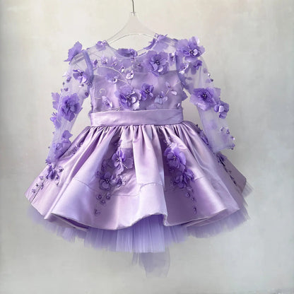 J780 Charming Full Appliqued Pearled Satin Tull Lilac Flower Girl Dress With Bow Wedding Party Spring Short Ball Gown
