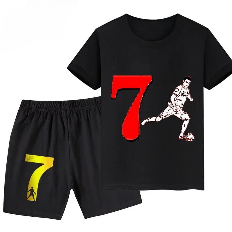 Summer Ronaldo Printed Children's Set Short-sleeved Shorts Suit Sports Kid T-shirt 2-piece Set Street Fashion Boys Baby Clothing