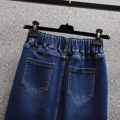 Summer New Women Elastic Waist Denim Skirts Korean Style Elegant Oversized High Waist Slit Skirts Mid Length Ladies Skirts