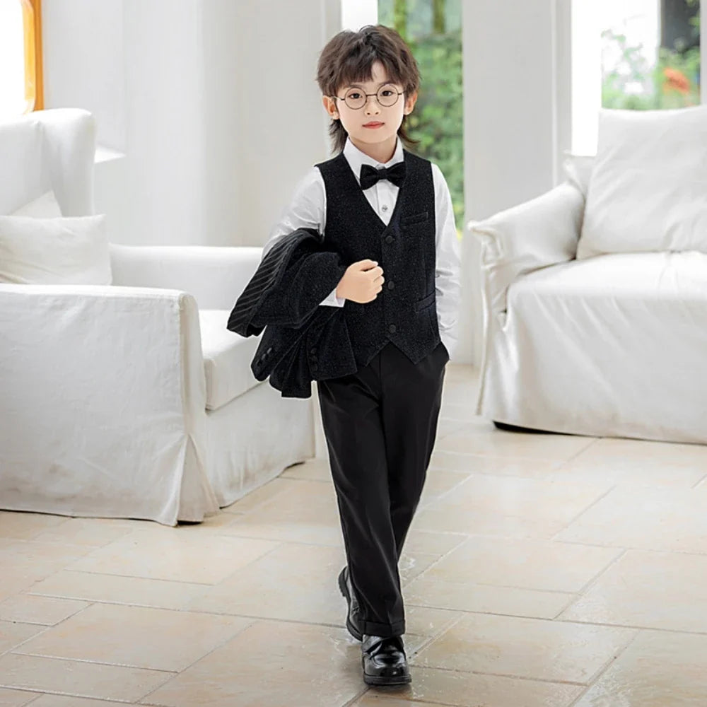 Glitter Double Breasted Boys Suits 4 Pieces Host Costumes,High Quality Kids Suit Set Wedding Guest Outfit,New Handsome Tuxedo