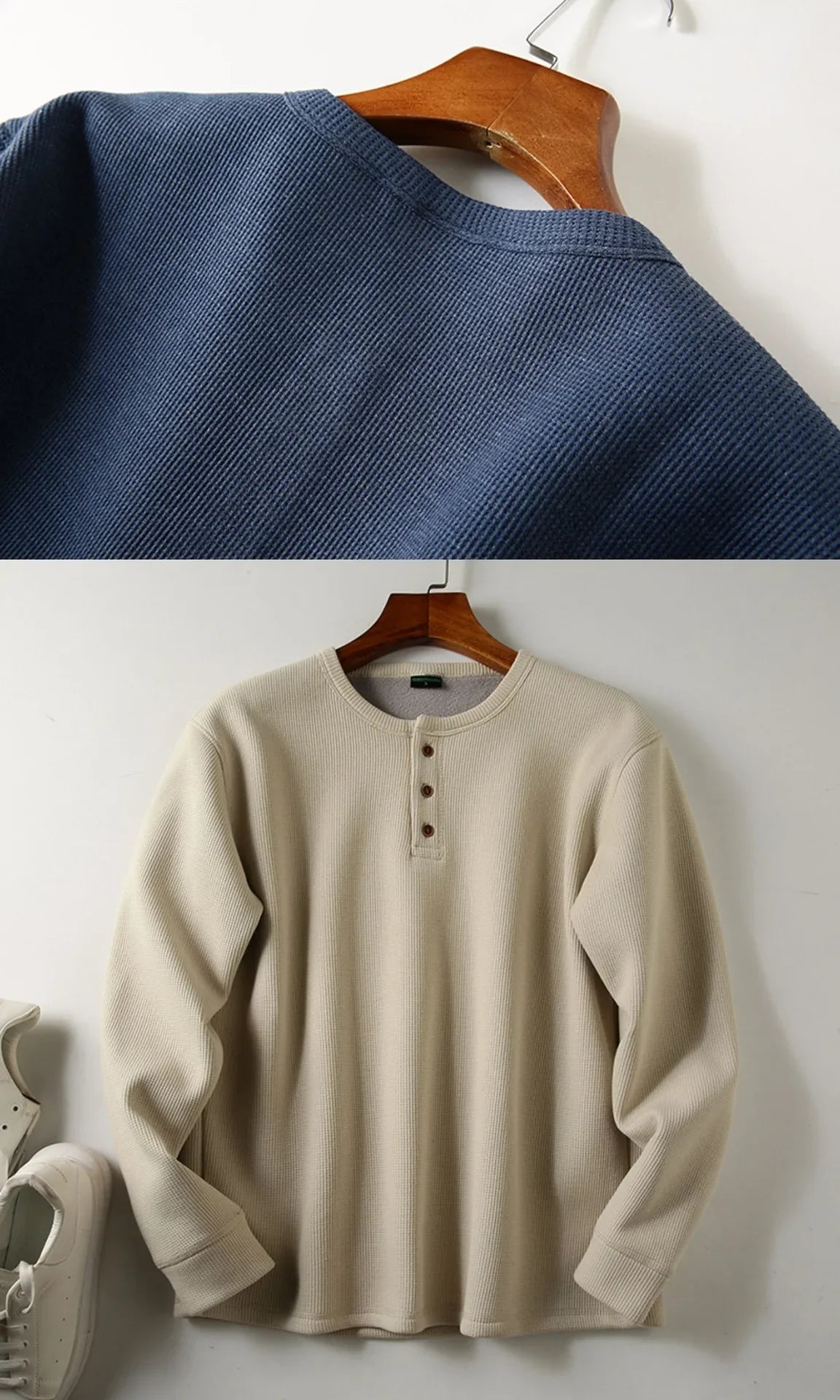 Men's Fleece - Lined Thickened Long - Sleeved Henley Neck Waffle Knit T - Shirt