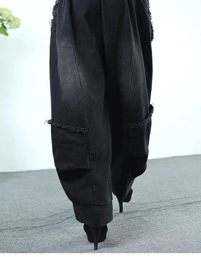Black Wide-leg Jeans Harlan Pants Loose Fashion Casual Full Length High Waist Patchwork Print Pocket Jeans Women Clothes Spring