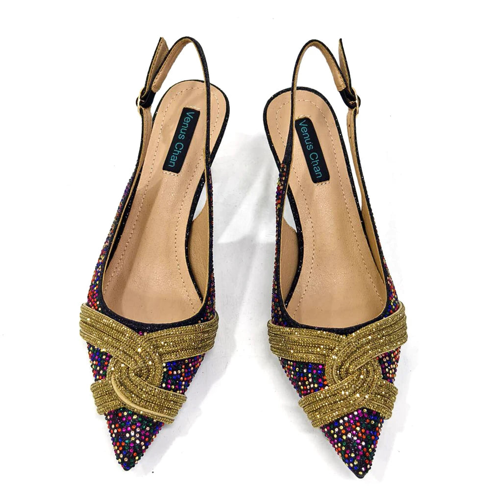 Black Hollow Design With Pointed Shoes And Fashion Three-Dimensional Bag Cozy Rhinestones Are Suitable For Parties